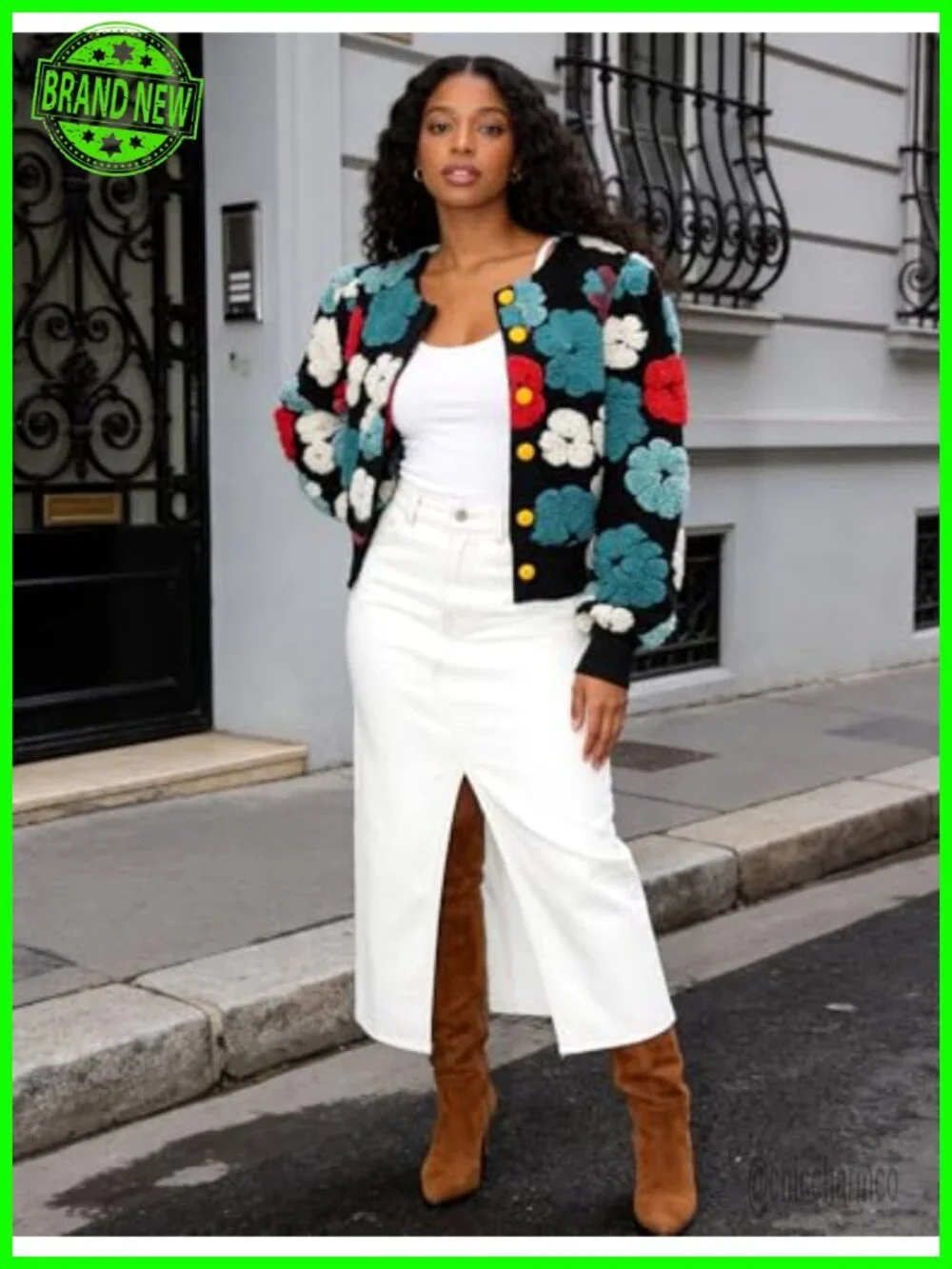 Women's Cropped Floral Fleece Bomber Jacket Casual Button Down Puff Sleeve